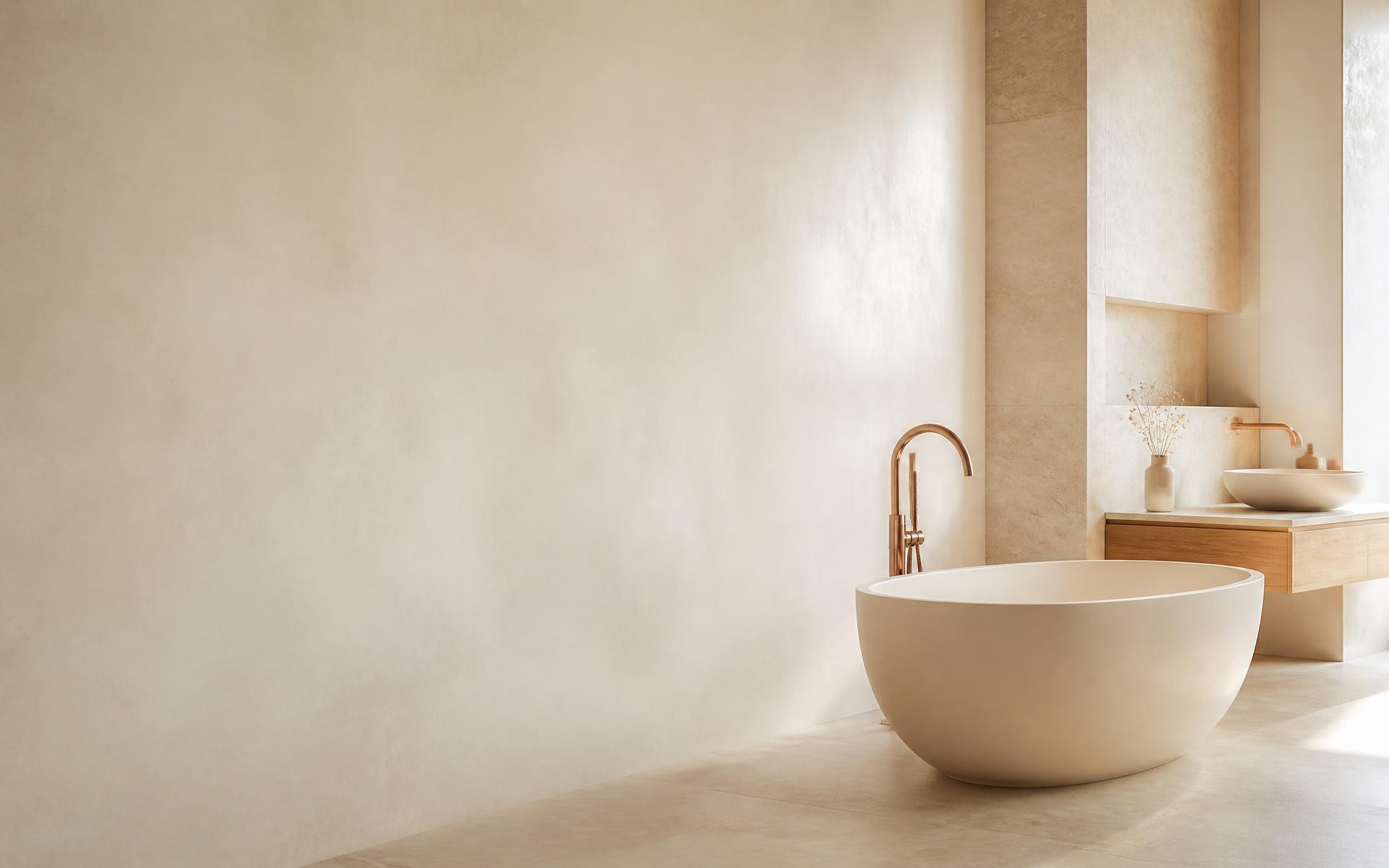 Helles modernes Bad mit Kalkputz, Naturstein, freistehender Wanne und Holzdetails